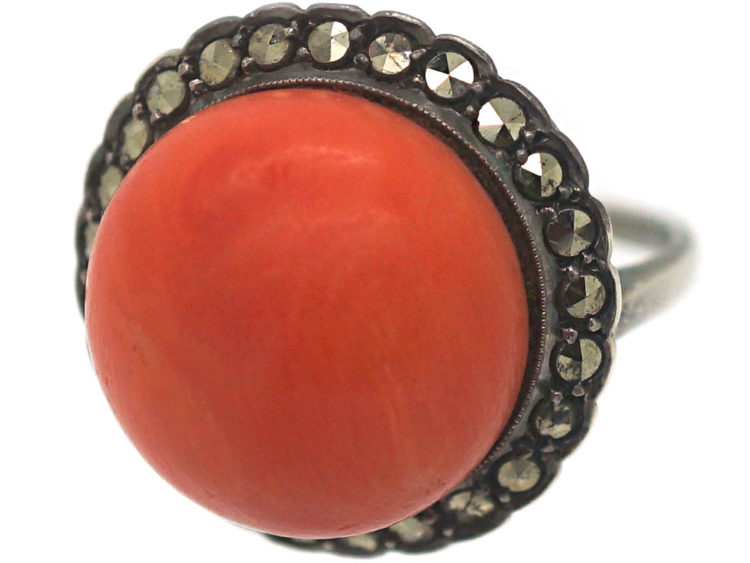 Art Deco Silver, Coral & Marcasite Ring