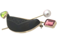 18ct Gold Druzy Quartz, Peridot, Pearl & Pink Tourmaline Brooch