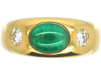 18ct Gold Cabochon Emerald & Diamond Rub Over Ring