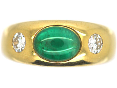 18ct Gold Cabochon Emerald & Diamond Rub Over Ring