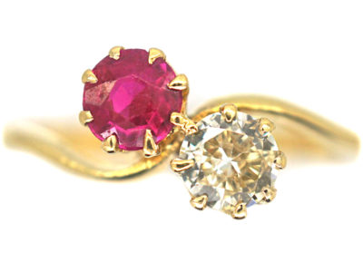 Edwardian 18ct Gold, Pink Sapphire & Diamond Crossover Ring