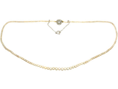 Edwardian Natural Pearl Necklace with Diamond Set Cluster Clasp