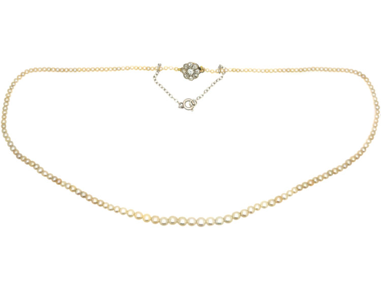 Edwardian Natural Pearl Necklace with Diamond Set Cluster Clasp