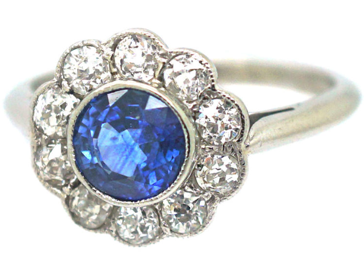 Edwardian Platinum, Sapphire & Diamond Cluster Ring
