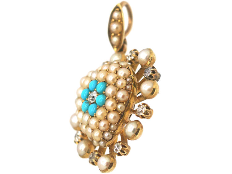 Edwardian 15ct Gold Turquoise, Diamond & Natural Split Pearl Heart Shaped Pendant
