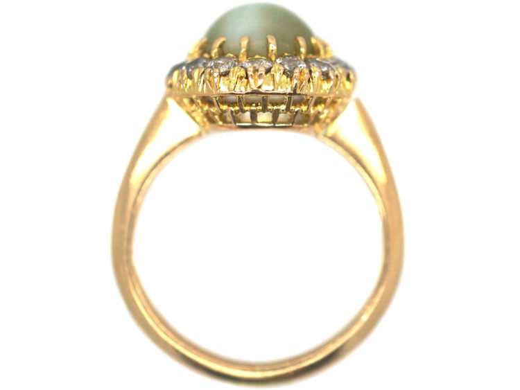 Edwardian 18ct Gold, Cat's Eye Chrysoberyl & Diamond Cluster Ring