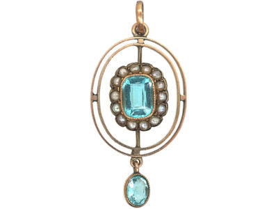 Edwardian 9ct Gold, Aquamarine & Natural Split Pearls Pendant