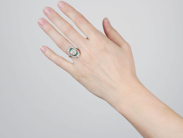 French Art Deco 18ct Gold & Platinum, Emerald & Diamond Ring with Central Diamond Cluster