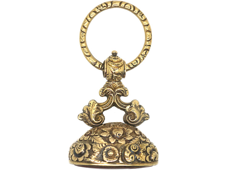 Large Georgian 18ct Gold Cased Seal with Carnelian Intaglio Of a Crest on Original Split Ring