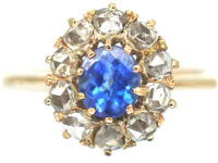 Edwardian 18ct Gold, Rose Cut Sapphire & Diamond Cluster Ring