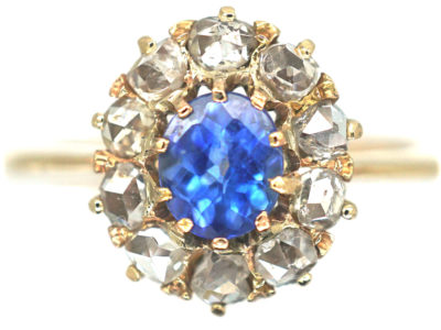 Edwardian 18ct Gold, Rose Cut Sapphire & Diamond Cluster Ring
