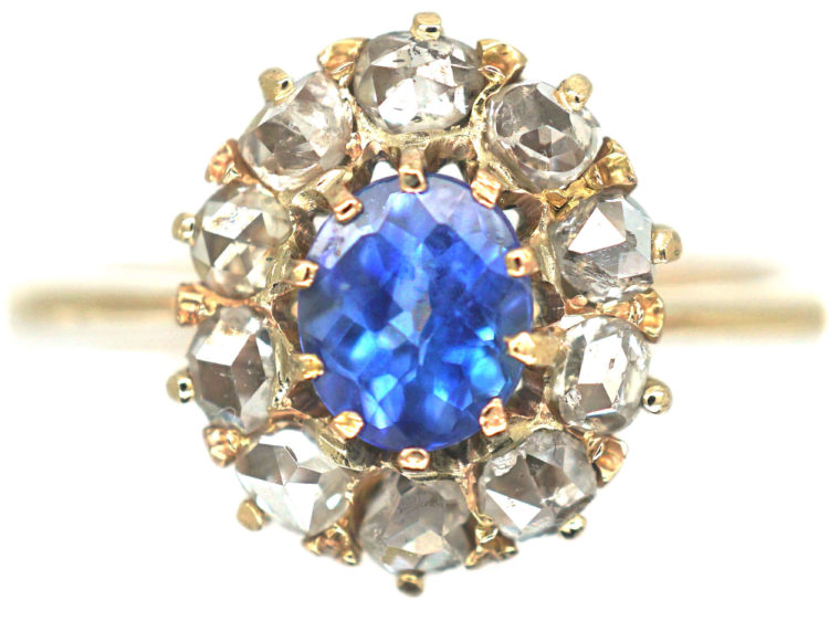 Edwardian 18ct Gold, Rose Cut Sapphire & Diamond Cluster Ring