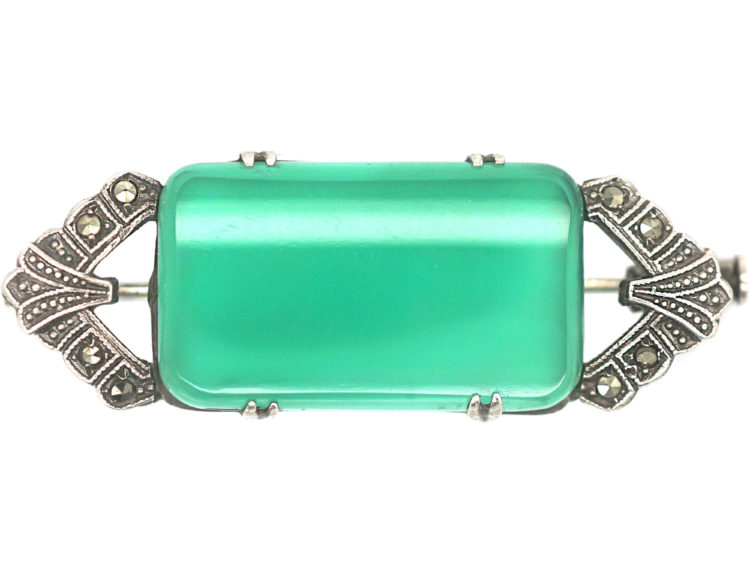 Art Deco Silver, Marcasite & Green Chalcedony Brooch