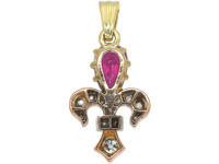 Edwardian 18ct yellow & White Gold, Diamond & Pear Shaped Ruby Fleur de Lys Pendant