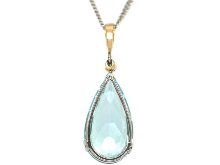 Art Deco 14ct White & Yellow Gold Aquamarine & Diamond Pendant on 8ct White Gold Chain