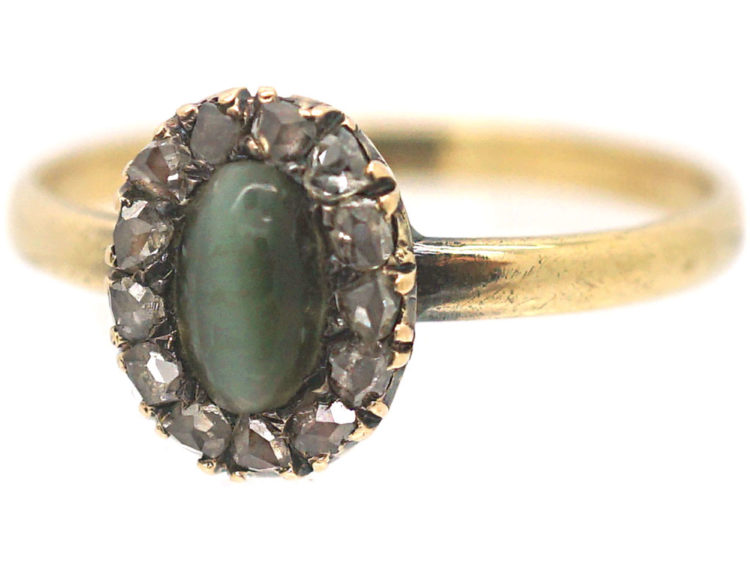 Edwardian 18ct Gold, Cat's Eye Chrysoberyl & Rose Diamond Cluster Ring