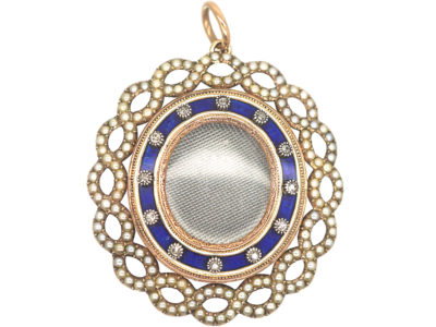 Georgian 15ct Gold, Diamond, Natural Split Pearls & Blue Enamel Pendant