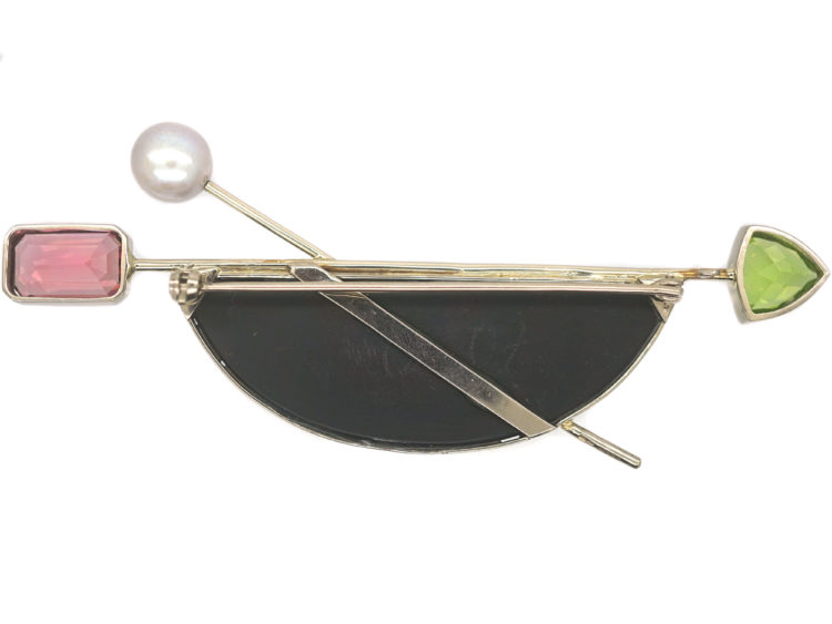 18ct Gold Druzy Quartz, Peridot, Pearl & Pink Tourmaline Brooch