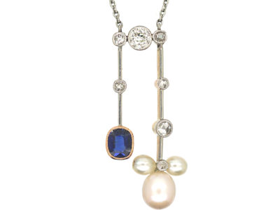 Art Deco 18ct Gold & Platinum, Sapphire, Diamond & Natural Pendant Negligee Pendant