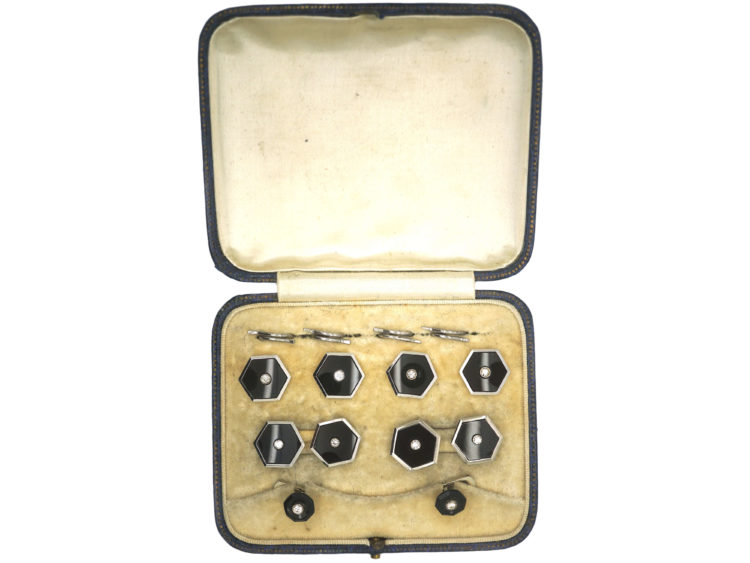 Art Deco 18ct White Gold, Onyx & Diamond Dress Set in Original Case