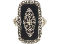 Art Deco Silver, Marcasite & Onyx Rectangular Ring