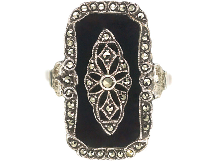 Art Deco Silver, Marcasite & Onyx Rectangular Ring