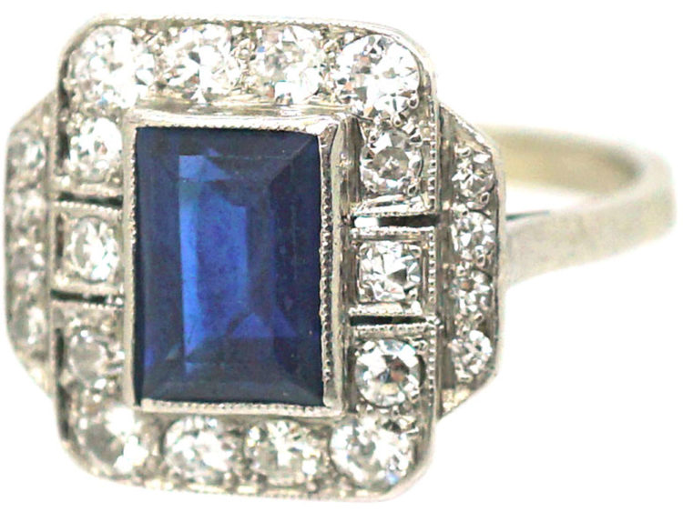 Art Deco Platinum, Sapphire & Diamond Rectangular Ring