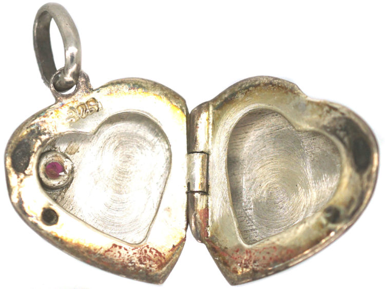 Engraved Silver Heart Locket With Red Paste