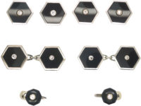 Art Deco 18ct White Gold, Onyx & Diamond Dress Set in Original Case