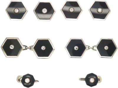 Art Deco 18ct White Gold, Onyx & Diamond Dress Set in Original Case