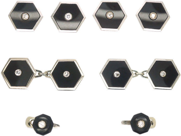 Art Deco 18ct White Gold, Onyx & Diamond Dress Set in Original Case