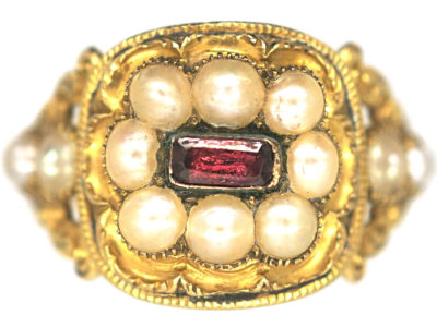 Georgian 18ct Gold Garnet & Natural Split Pearls Ring