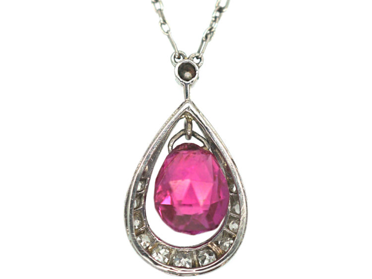 Art Deco Platinum, Pink Sapphire & Diamond Pendant on a Platinum Chain