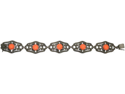 Art Deco Silver, Marcasite & Coral Bracelet