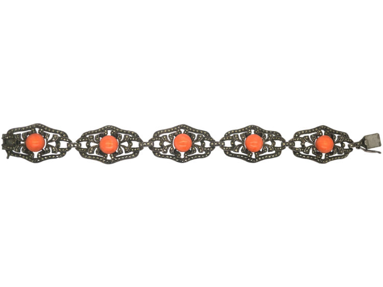 Art Deco Silver, Marcasite & Coral Bracelet