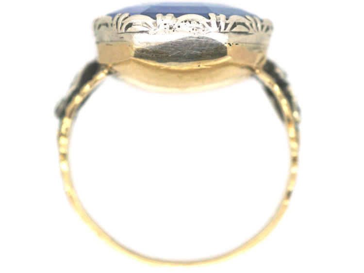 Georgian 15ct Gold & Silver Ring set with a Large Sapphire with Rose Diamonds in the Shoulders