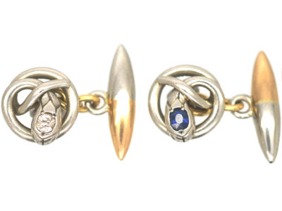 Edwardian Platinum & 15ct Gold Snake Cufflinks set with a Diamond and a Sapphire