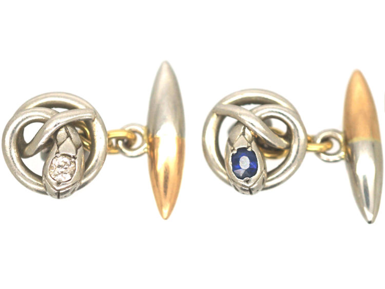 Edwardian Platinum & 15ct Gold Snake Cufflinks set with a Diamond and a Sapphire