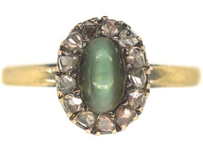 Edwardian 18ct Gold, Cat’s Eye Chrysoberyl & Rose Diamond Cluster Ring