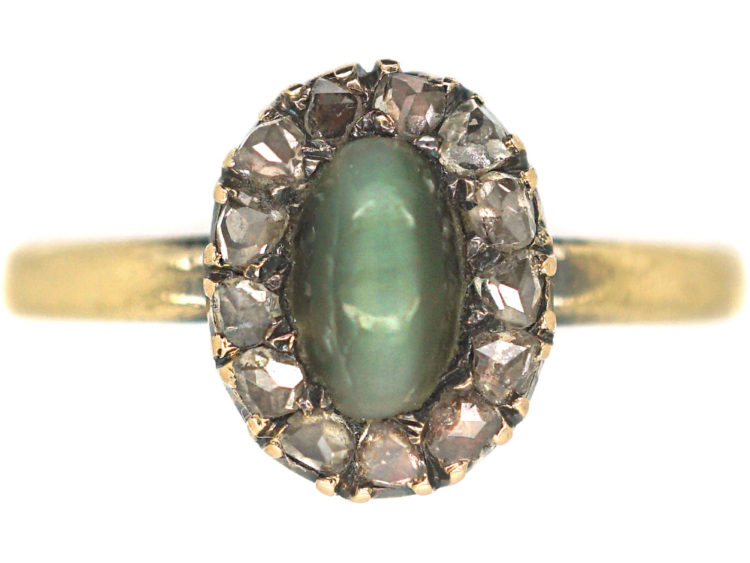 Edwardian 18ct Gold, Cat's Eye Chrysoberyl & Rose Diamond Cluster Ring