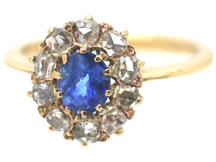 Edwardian 18ct Gold, Rose Cut Sapphire & Diamond Cluster Ring