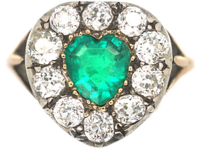 Victorian 18ct Gold, Emerald & Diamond Heart Shaped Ring