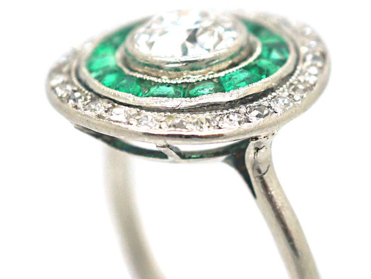 Art Deco Platinum, Emerald & Diamond Target Ring