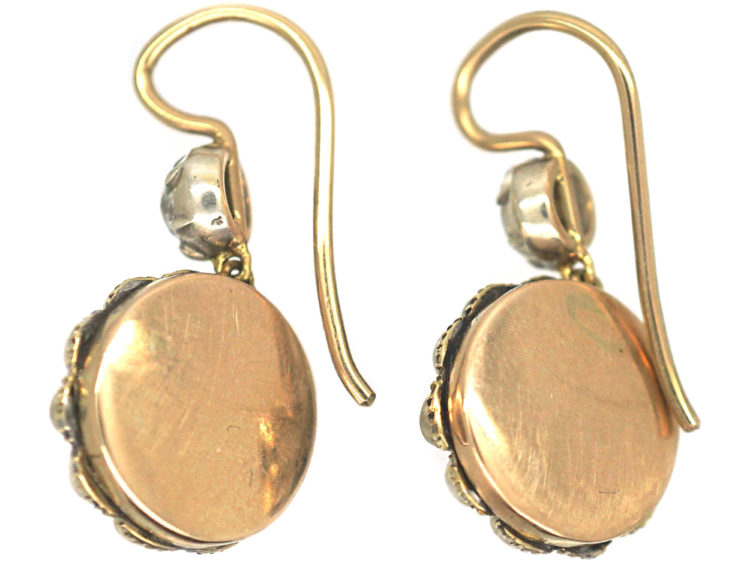 Georgian 9ct Gold, Old Mine Cut Diamond & Natural Split Pearl Cluster Drop Earrings