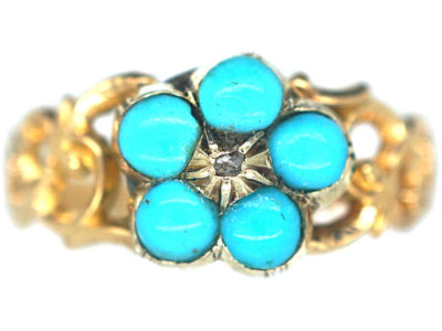 Regency 15ct Gold & Turquoise & Rose Diamond Forget me Not Ring