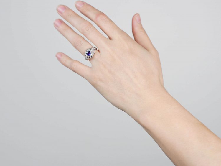 Art Deco Platinum, Ceylon Sapphire & Diamond Cluster Ring