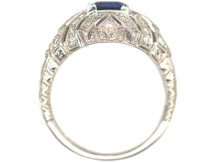 Art Deco Platinum, Ceylon Sapphire & Diamond Cluster Ring