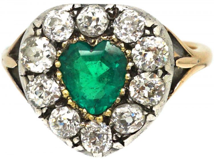 Victorian 18ct Gold, Emerald & Diamond Heart Shaped Ring