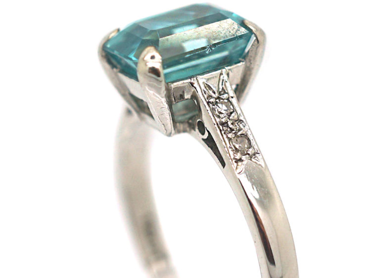 Art Deco 18ct White Gold Zircon & Diamond Rectangular Ring