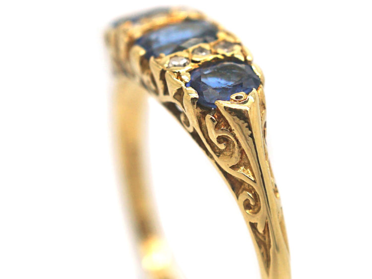 18ct Gold Three Stone Sapphire & Diamond Carved Half Hoop Ring